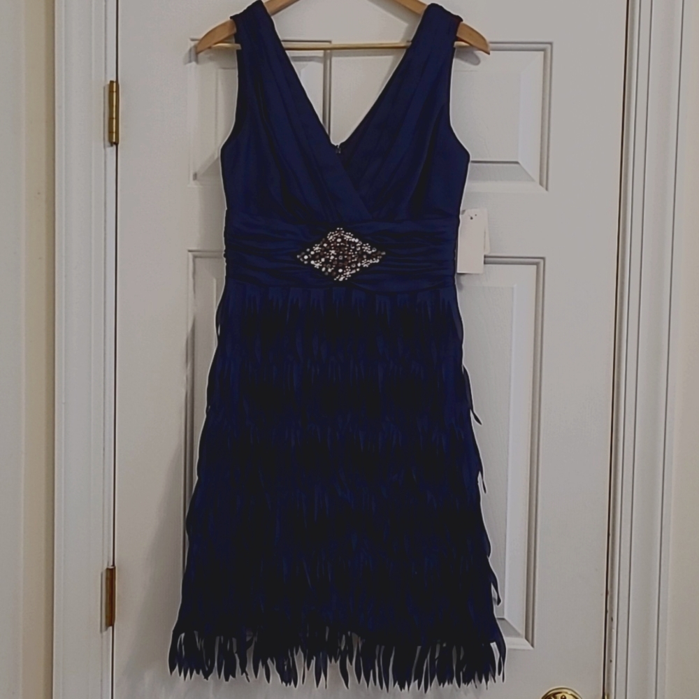 Hailey Size 8 Fabric Fringe Dress Navy Blue Beaded Crystal Emblem